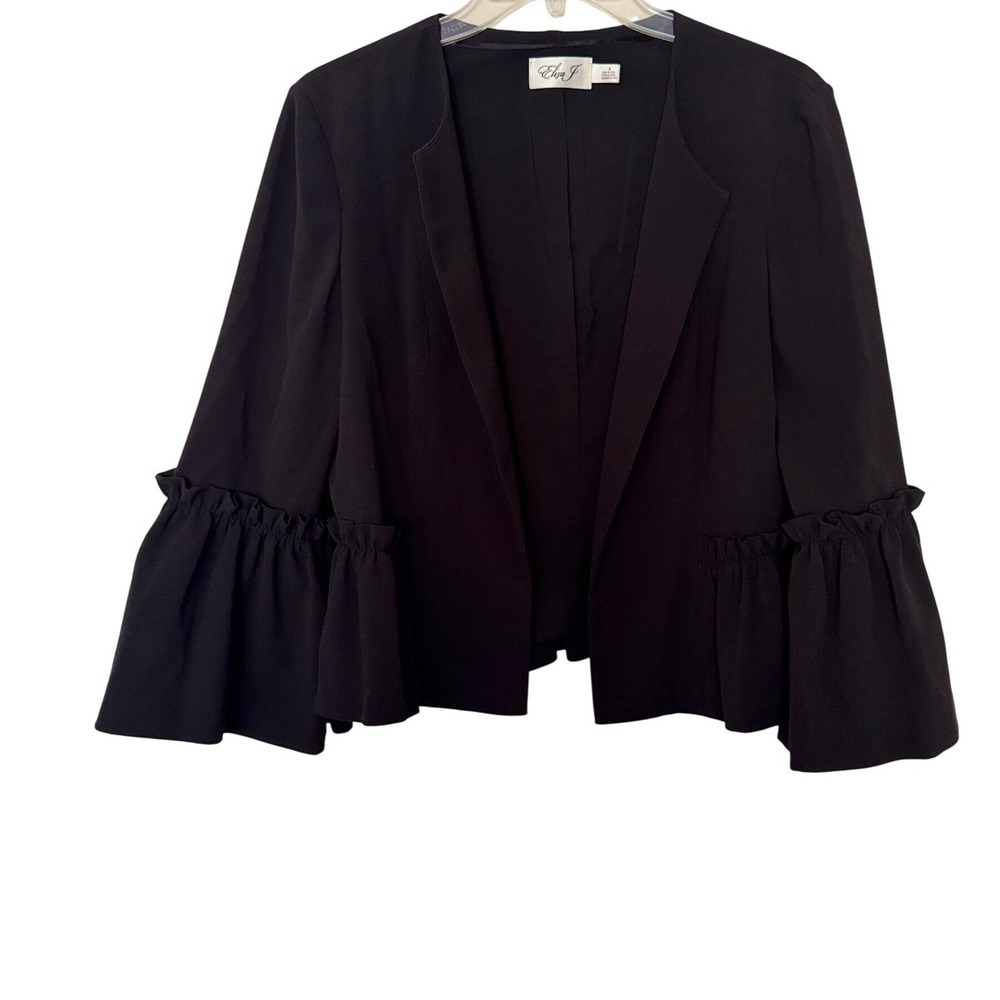 Eliza J Blazer Black Ruffle Bell Sleeve Open Front Women Size 8